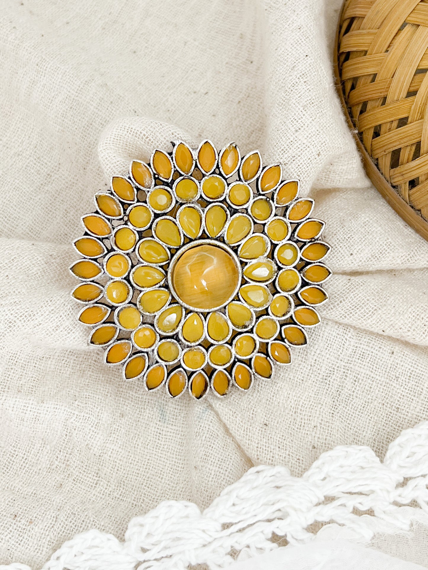 Surya Phool Yellow Stone Silver Oxidised Ring