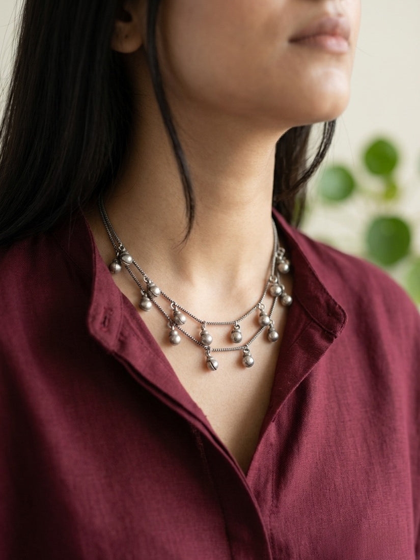 TARA- Brass Double Ghungroo Chain With Silver Plating