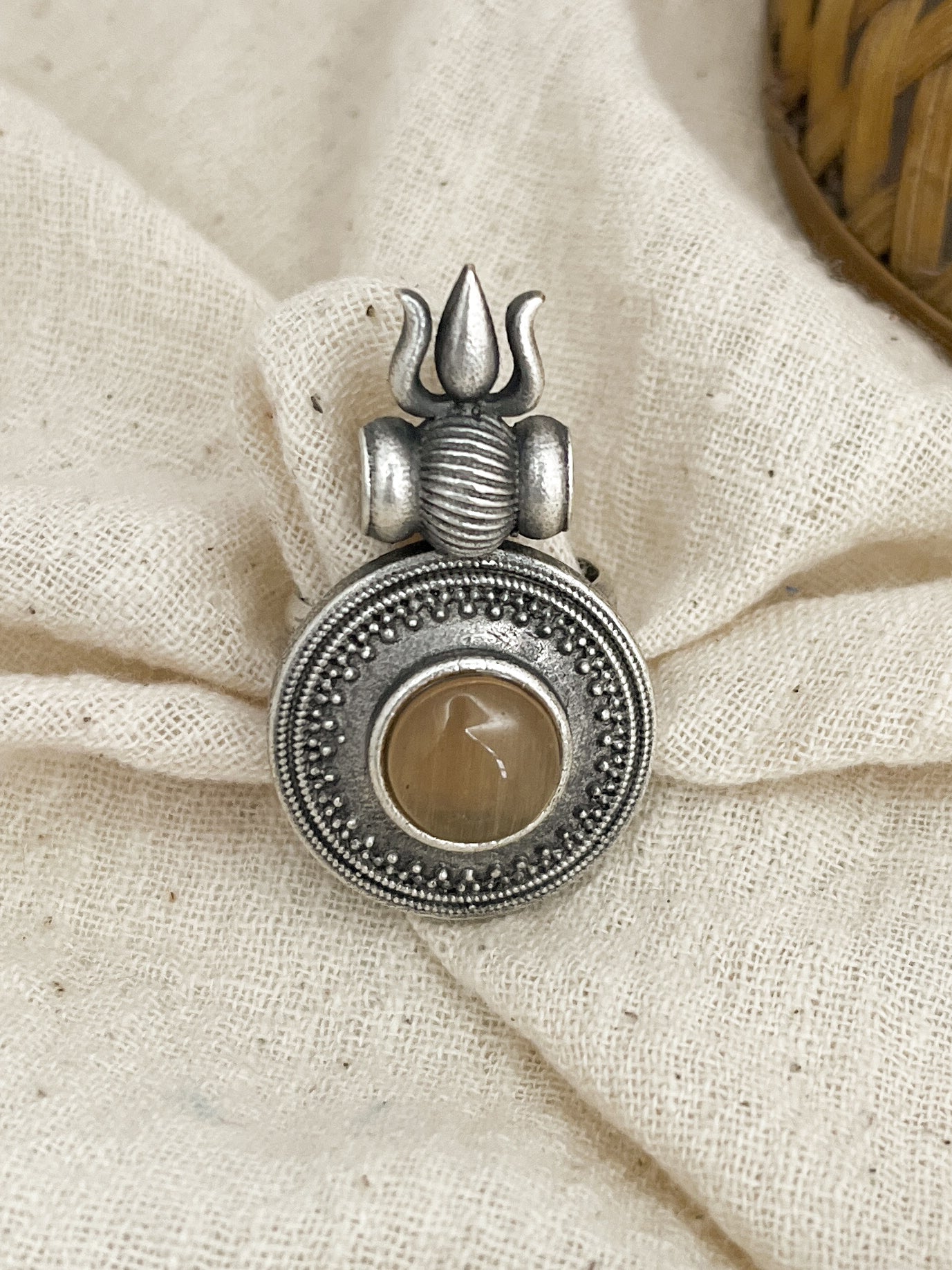Trishul Brown Stone Oxidized Silver Ring