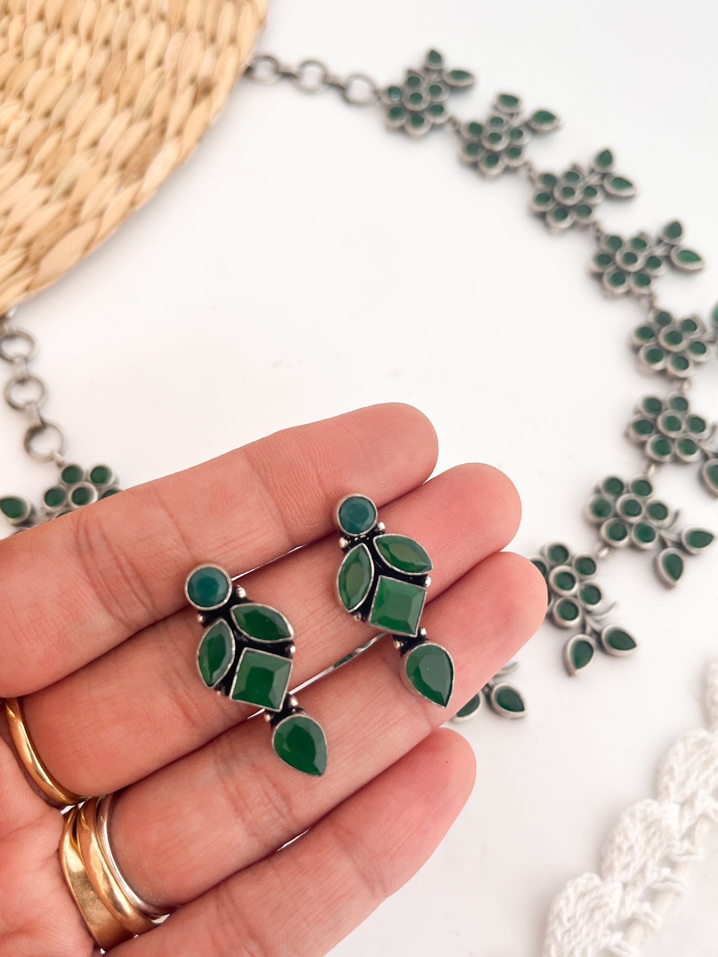 URJHA- Green Stone German Silver Necklace Set