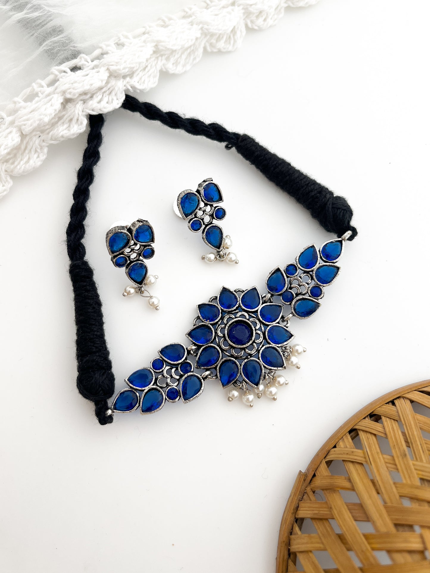 VANIE-Silver With Blue Stone Choker Necklace Set
