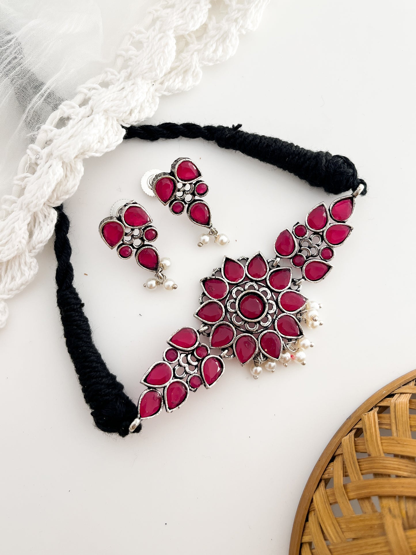 VANIE-Silver With Pink Stone Choker Necklace Set