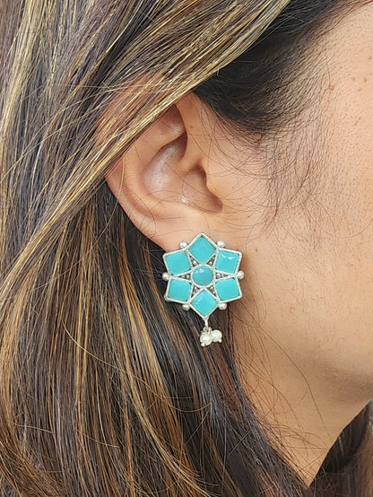 BALAMANI-Sea Blue Stone German Oxidized Earring