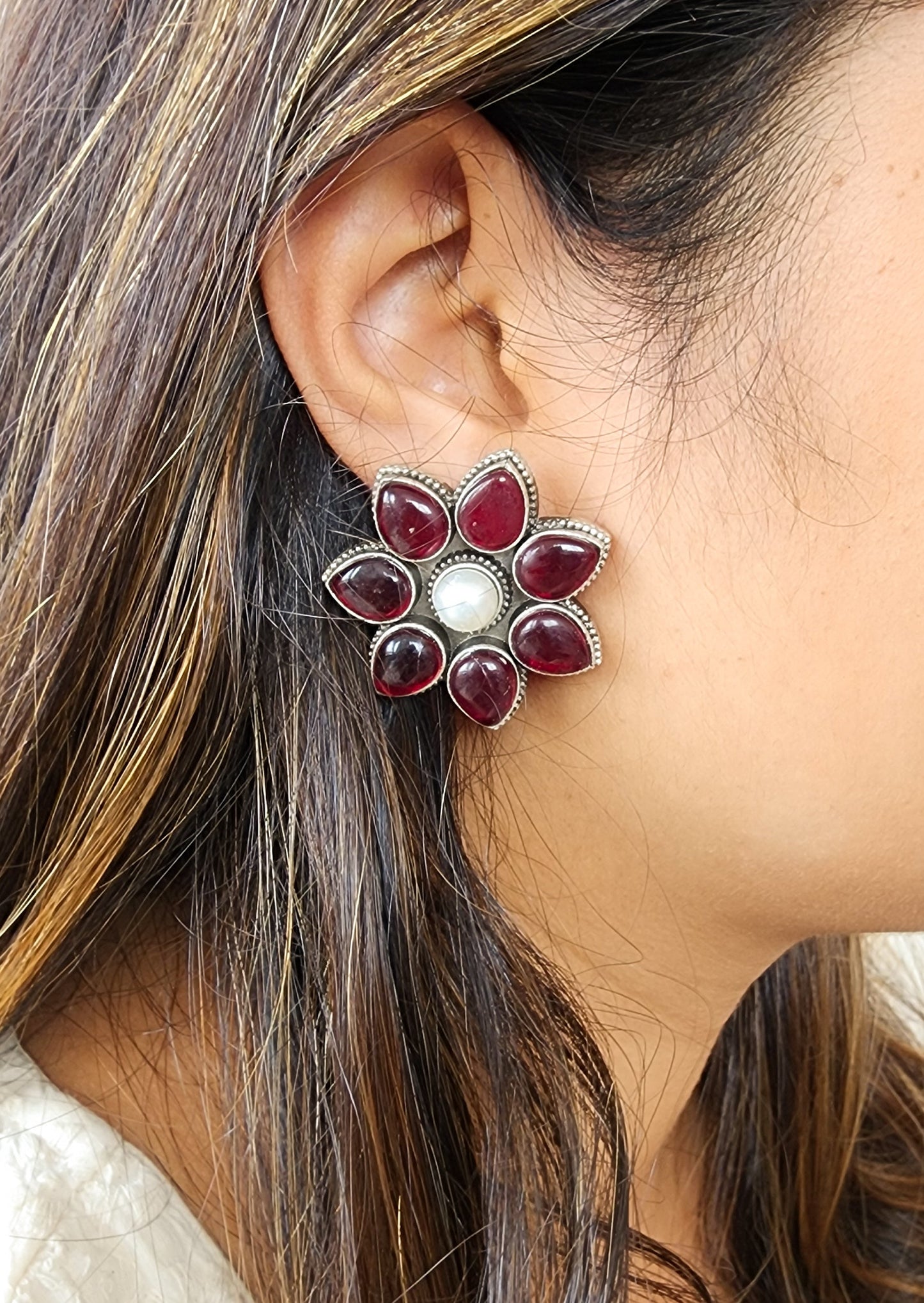 BALAMANI- Maroon Stone German Oxidized Earring