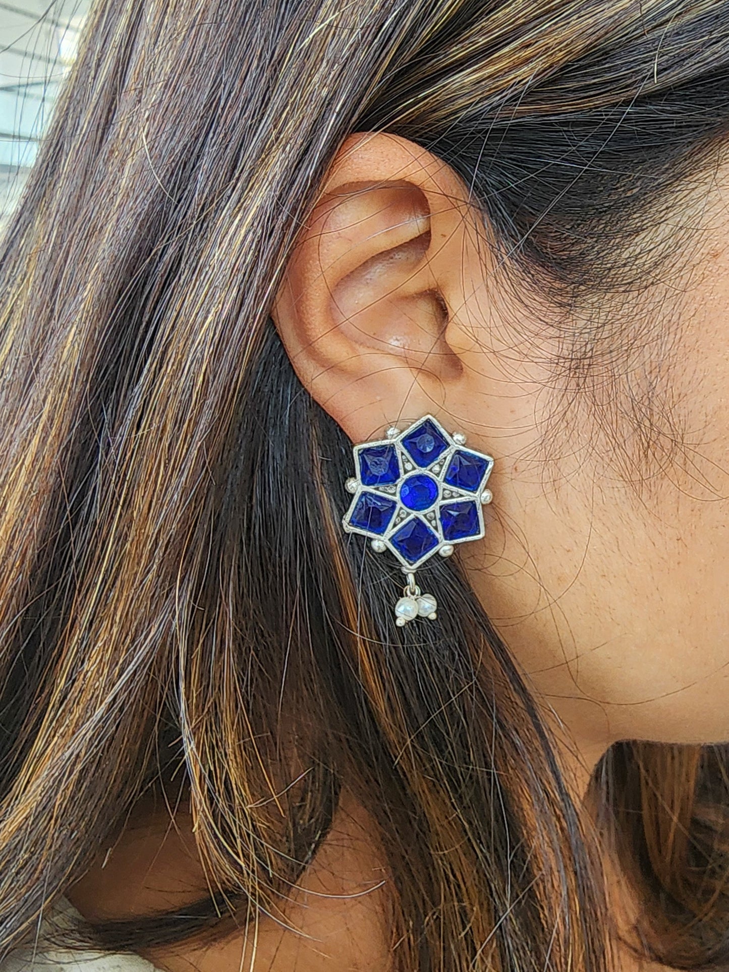 BALAMANI-Blue Stone German Oxidized Earring