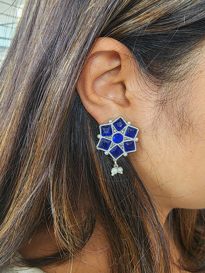BALAMANI-Blue Stone German Oxidized Earring