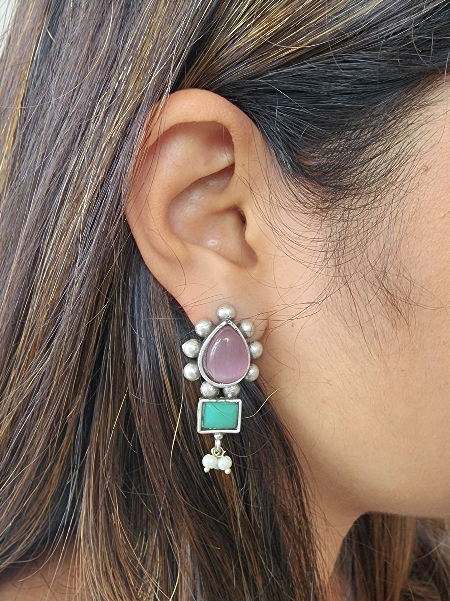 BALAMANI-Pink Green Stone German Oxidized Earring
