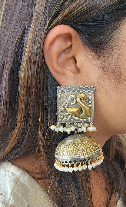 BALAMANI-German Oxidized Gold and Silver Peacock Jhumka Earring