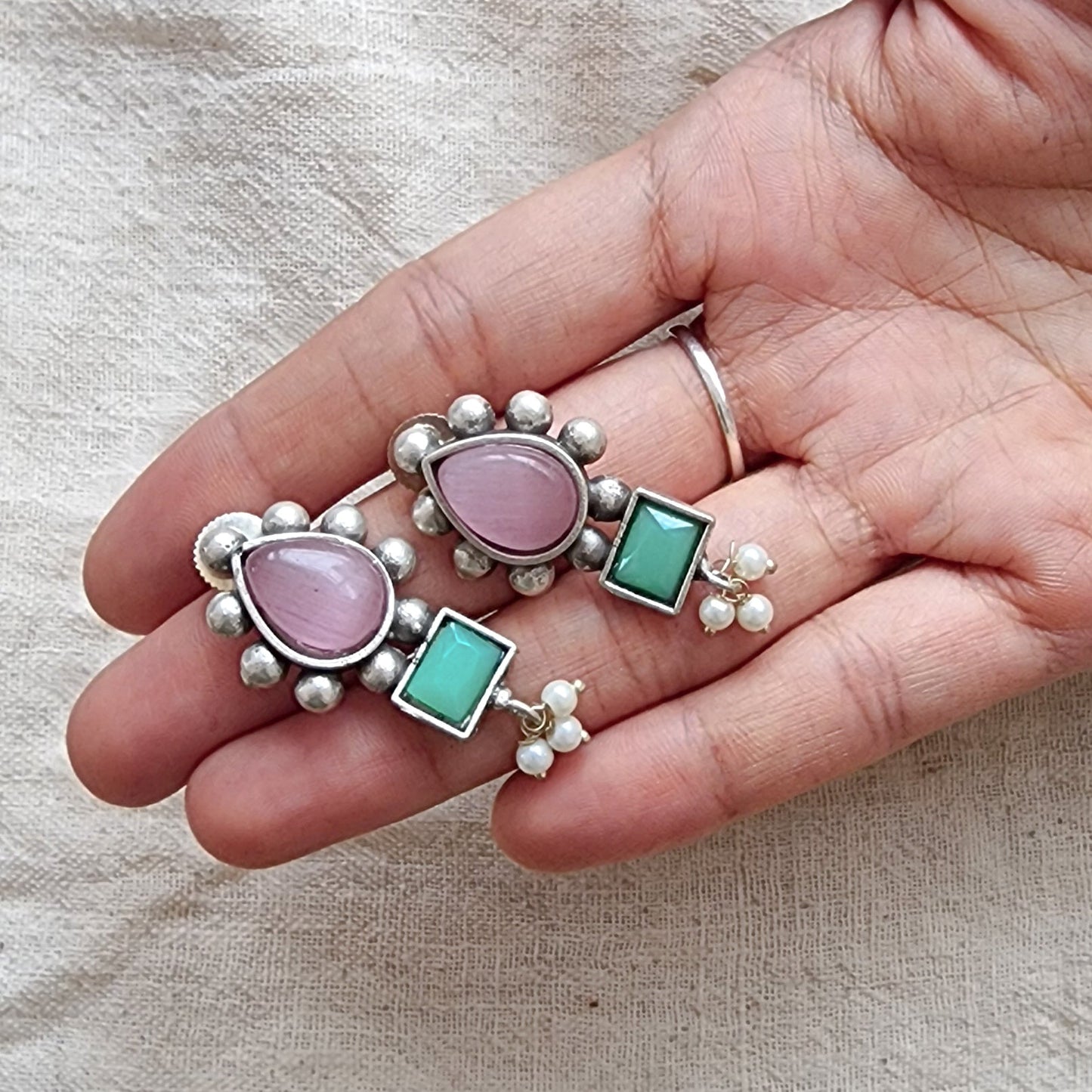 BALAMANI-Pink Green Stone German Oxidized Earring
