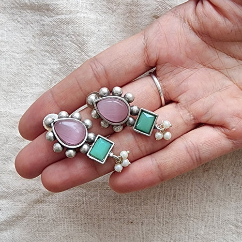 BALAMANI-Pink Green Stone German Oxidized Earring