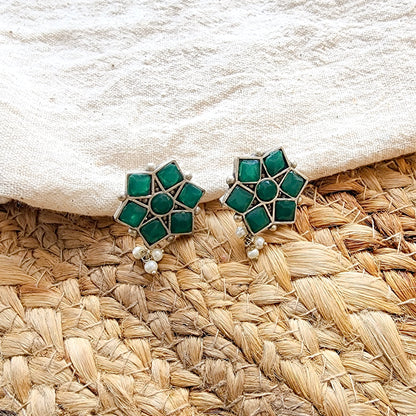 BALAMANI-Green Stone German Oxidized Earring