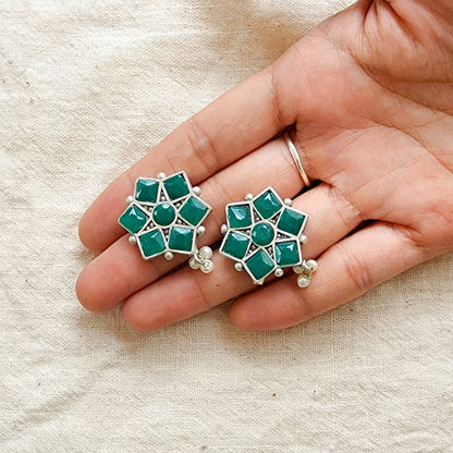 BALAMANI-Green Stone German Oxidized Earring