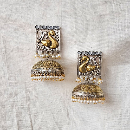 BALAMANI-German Oxidized Gold and Silver Peacock Jhumka Earring