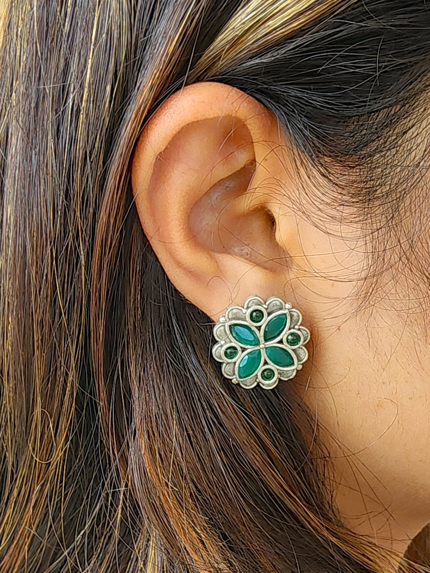 BALAMANI-Green Stone German Oxidized Earring