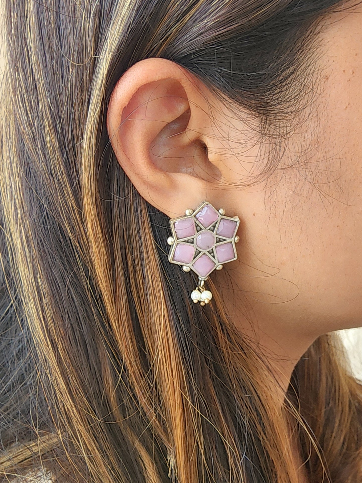 BALAMANI-Baby Pink Stone German Oxidized Earring