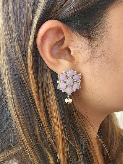 BALAMANI-Baby Pink Stone German Oxidized Earring