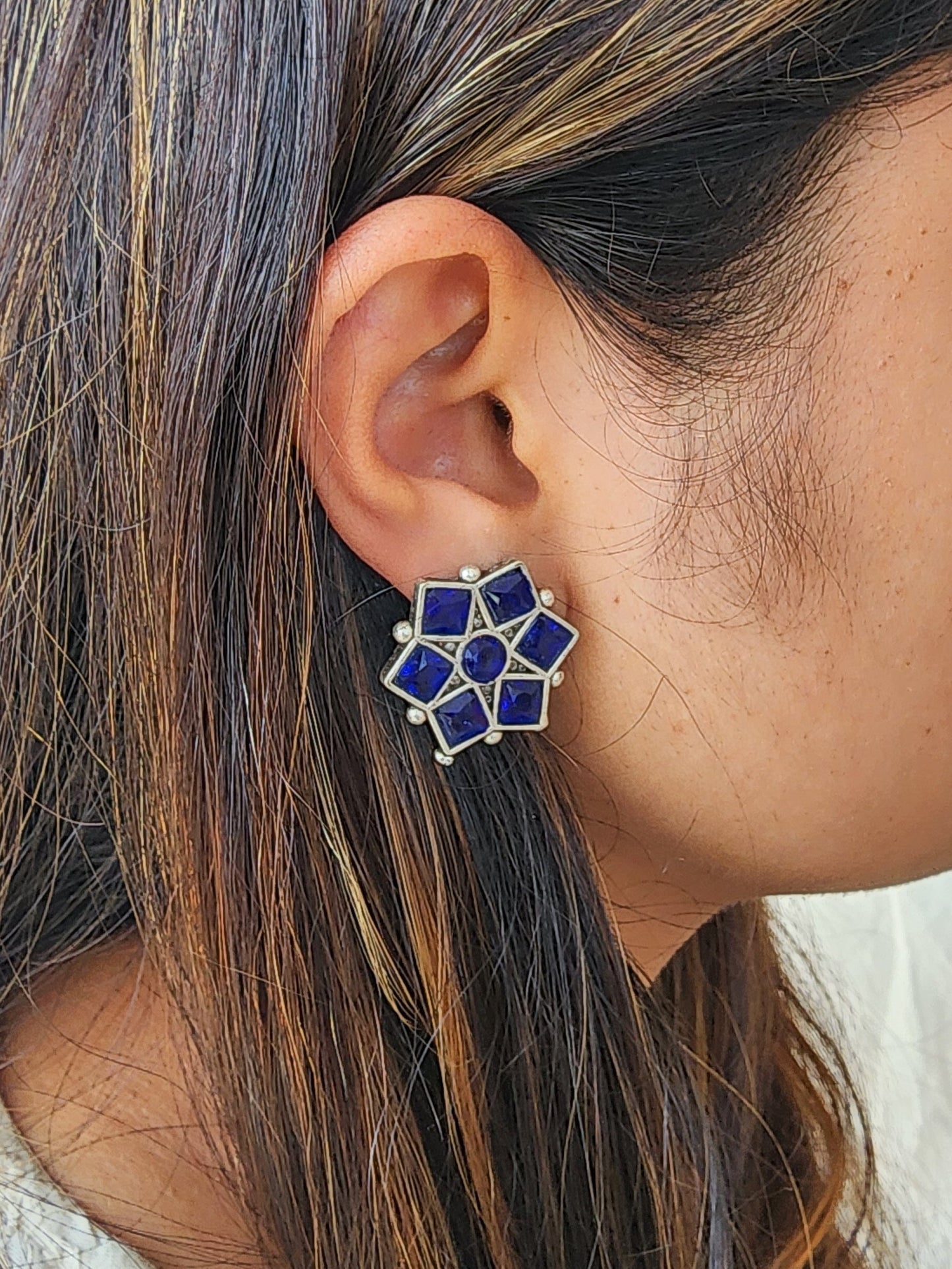 BALAMANI-Blue Stone German Oxidized Earring