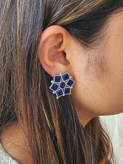 BALAMANI-Blue Stone German Oxidized Earring