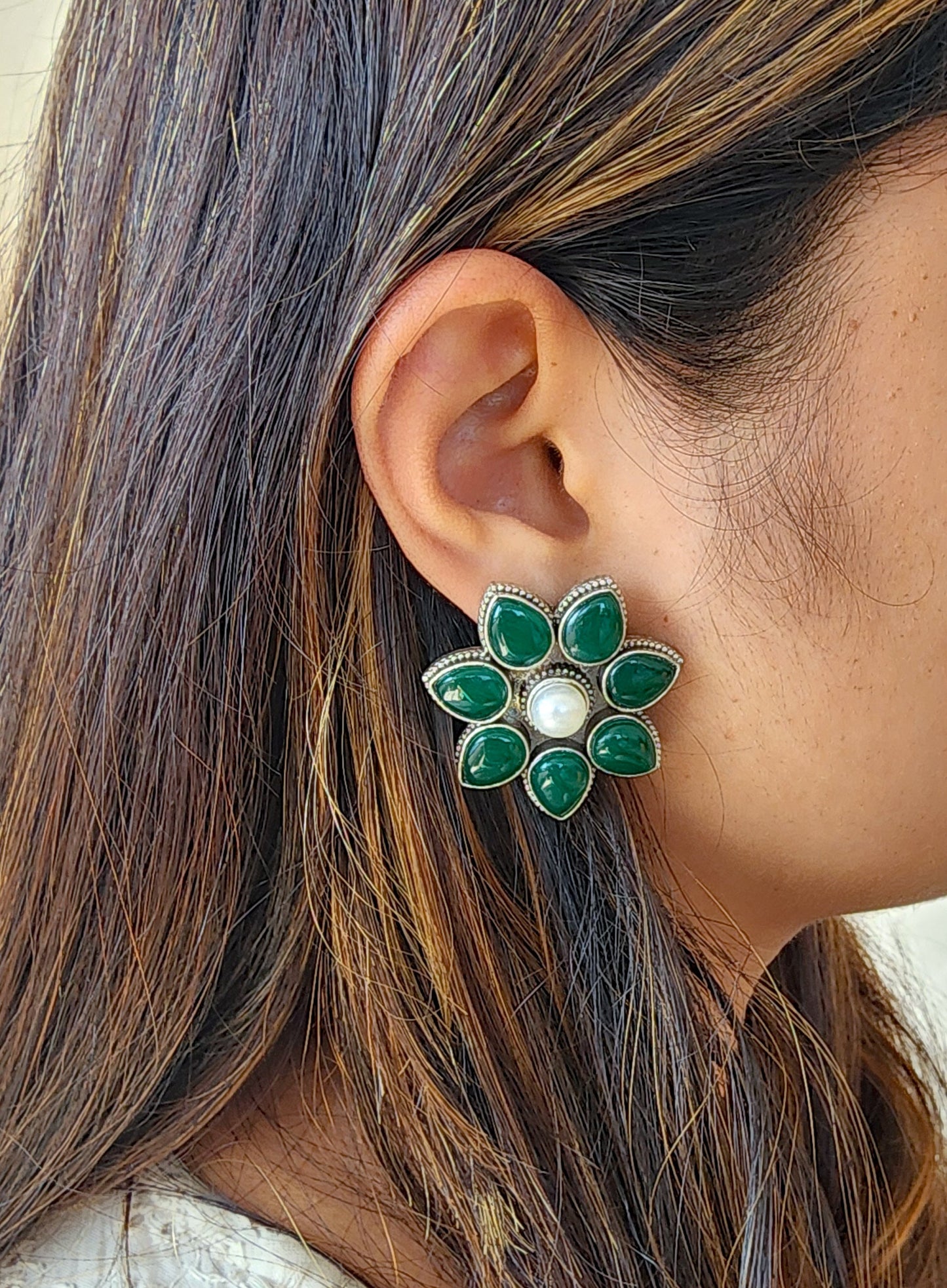BALAMANI-Dark Green Stone German Oxidized Earring
