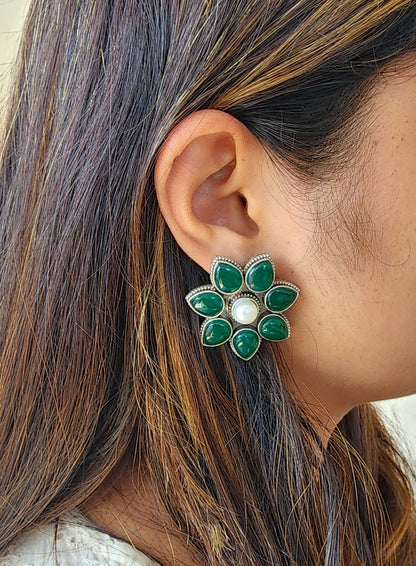BALAMANI-Dark Green Stone German Oxidized Earring