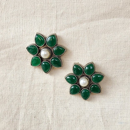 BALAMANI-Dark Green Stone German Oxidized Earring
