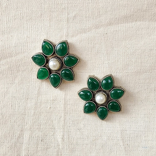 BALAMANI-Dark Green Stone German Oxidized Earring