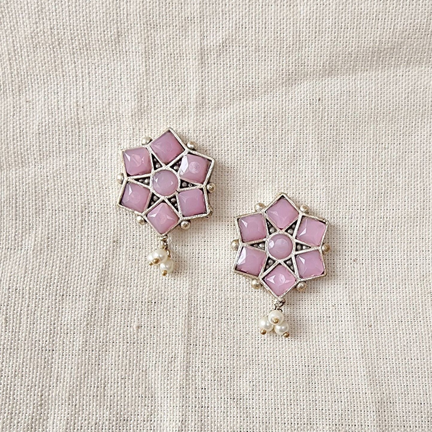 BALAMANI-Baby Pink Stone German Oxidized Earring