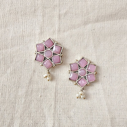 BALAMANI-Baby Pink Stone German Oxidized Earring