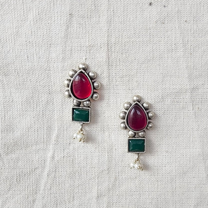 BALAMANI-Maroon Green Stone German Oxidized Earring