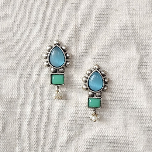 BALAMANI-Blue Green Stone German Oxidized Earring