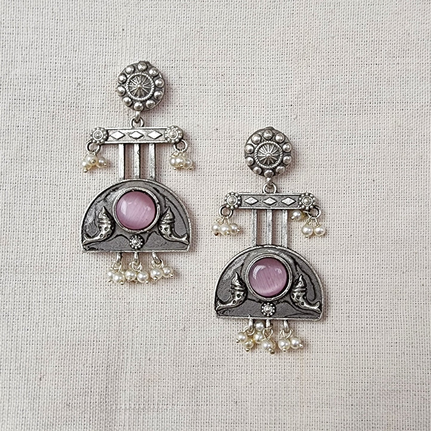 BALAMANI-Pink Stone Silver German Oxidized Earring