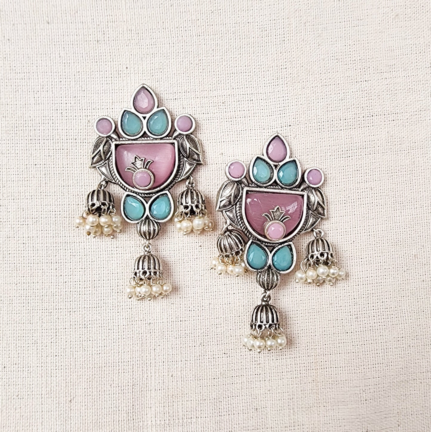 BALAMANI-Pink And Blue Stone German Oxidized Earrings