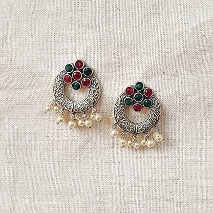 BALAMANI-Green And Pink Stone Chandbali With Pearls German Oxidized Earrings