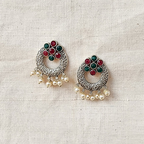 BALAMANI-Green And Pink Stone Chandbali With Pearls German Oxidized Earrings