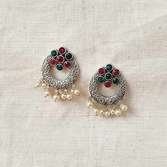 BALAMANI-Green And Pink Stone Chandbali With Pearls German Oxidized Earrings