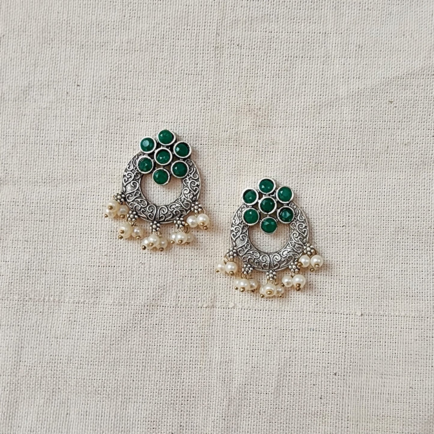 BALAMANI-Green Stone Chandbali With Pearls German Oxidized Earrings
