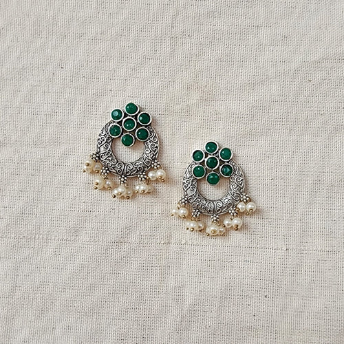 BALAMANI-Green Stone Chandbali With Pearls German Oxidized Earrings