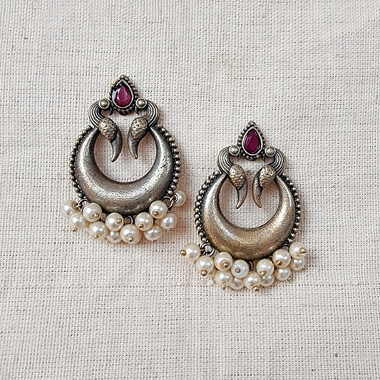 BALAMANI-Pink Stone Chandbali With Pearls German Oxidized Earrings
