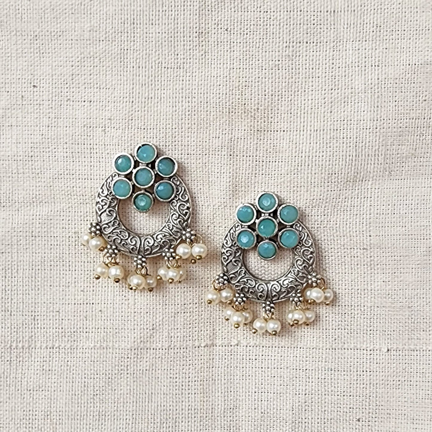 BALAMANI-Sky Blue Stone Chandbali With Pearls German Oxidized Earrings