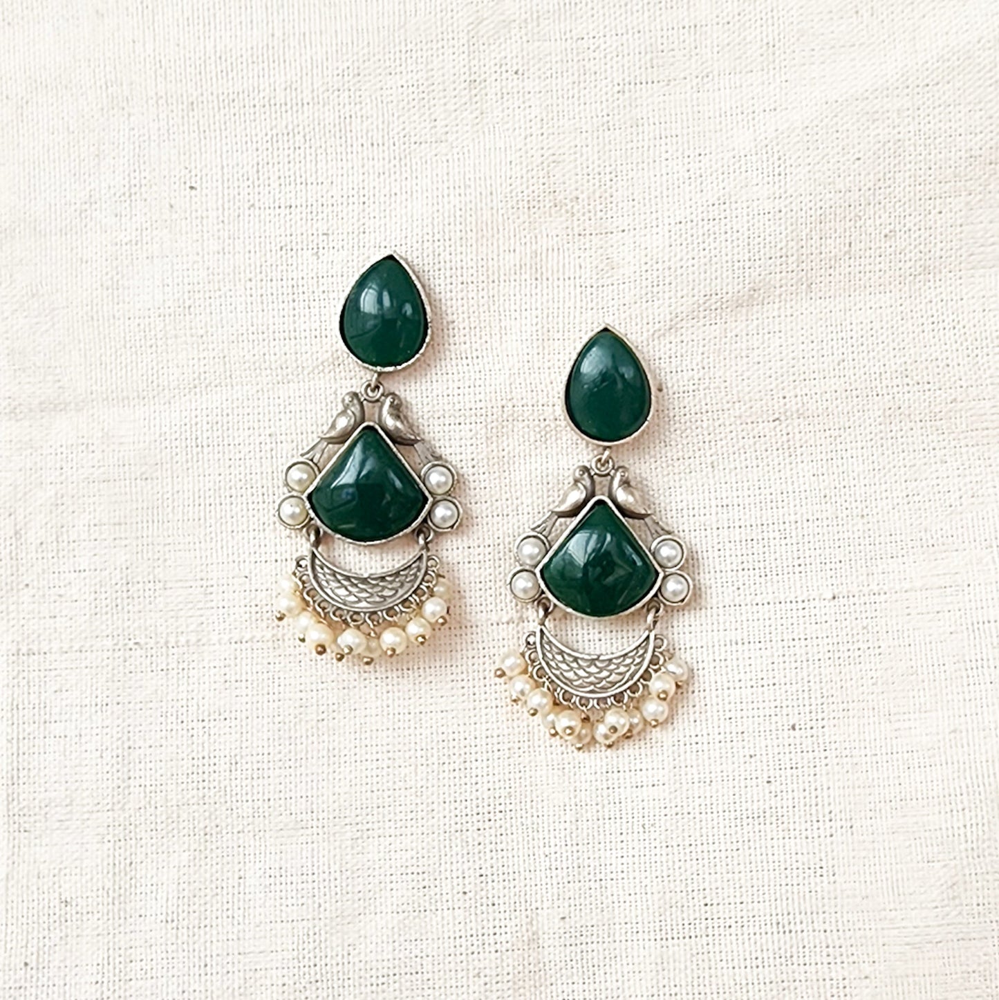 BALAMANI-Green Stone German Oxidized Earring