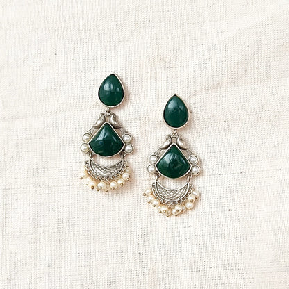BALAMANI-Green Stone German Oxidized Earring