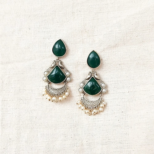 BALAMANI-Green Stone German Oxidized Earring