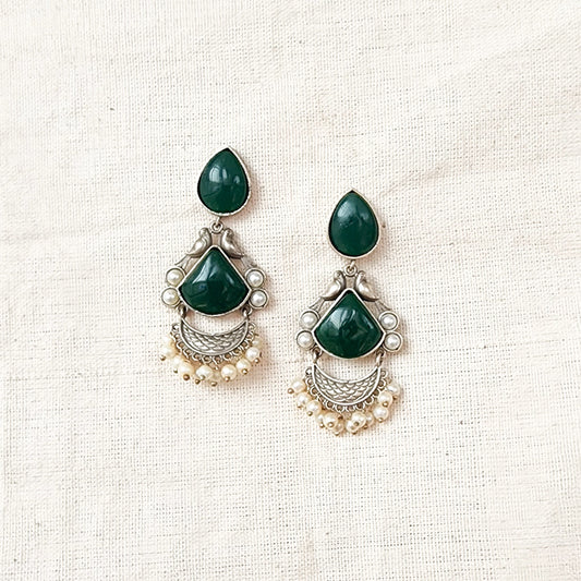 BALAMANI-Green Stone German Oxidized Earring