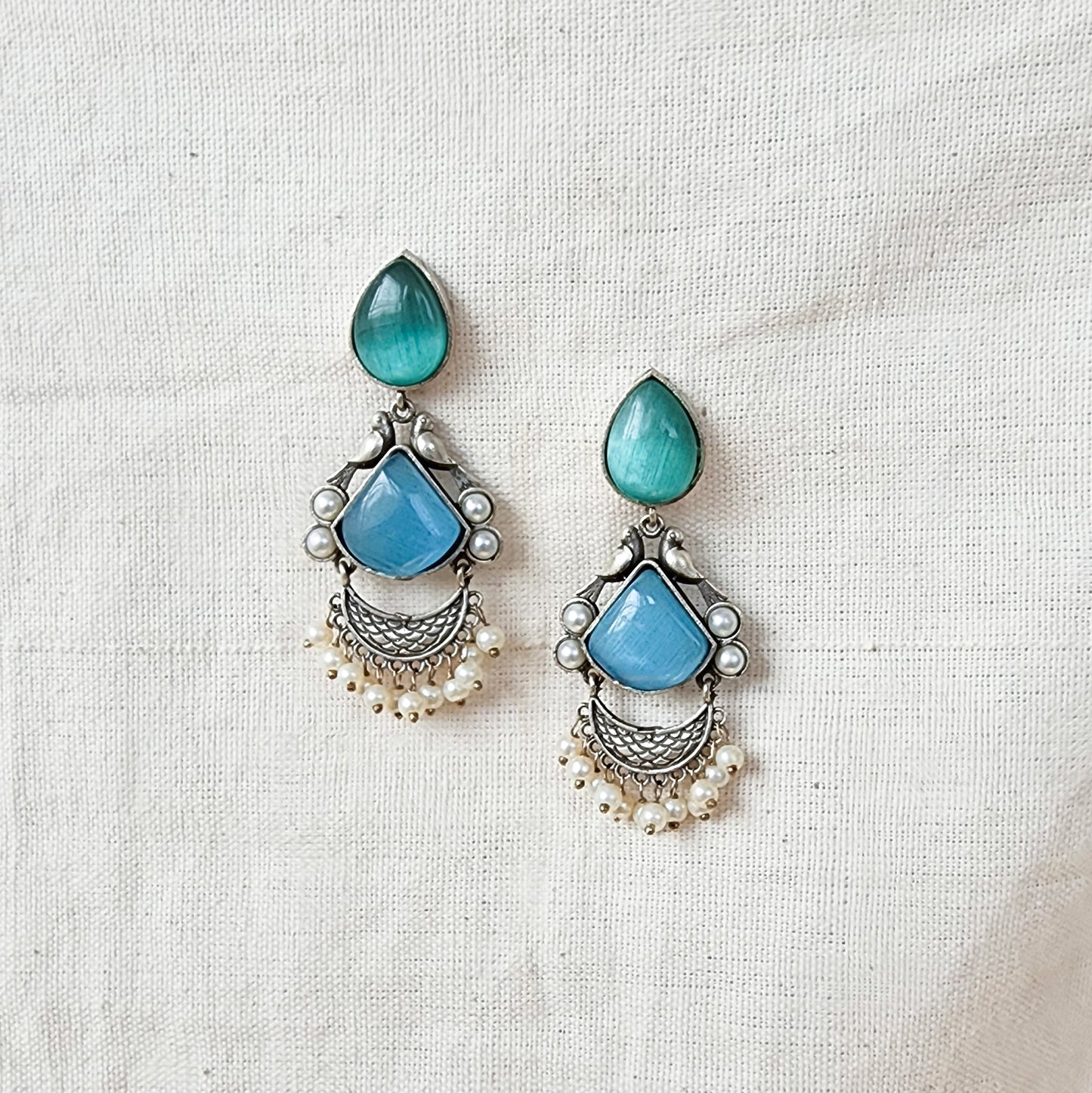 BALAMANI-Green And Blue Stone German Oxidized Earring