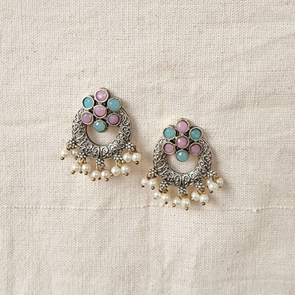 BALAMANI-Blue And Pink Stone Chandbali With Pearls German Oxidized Earrings
