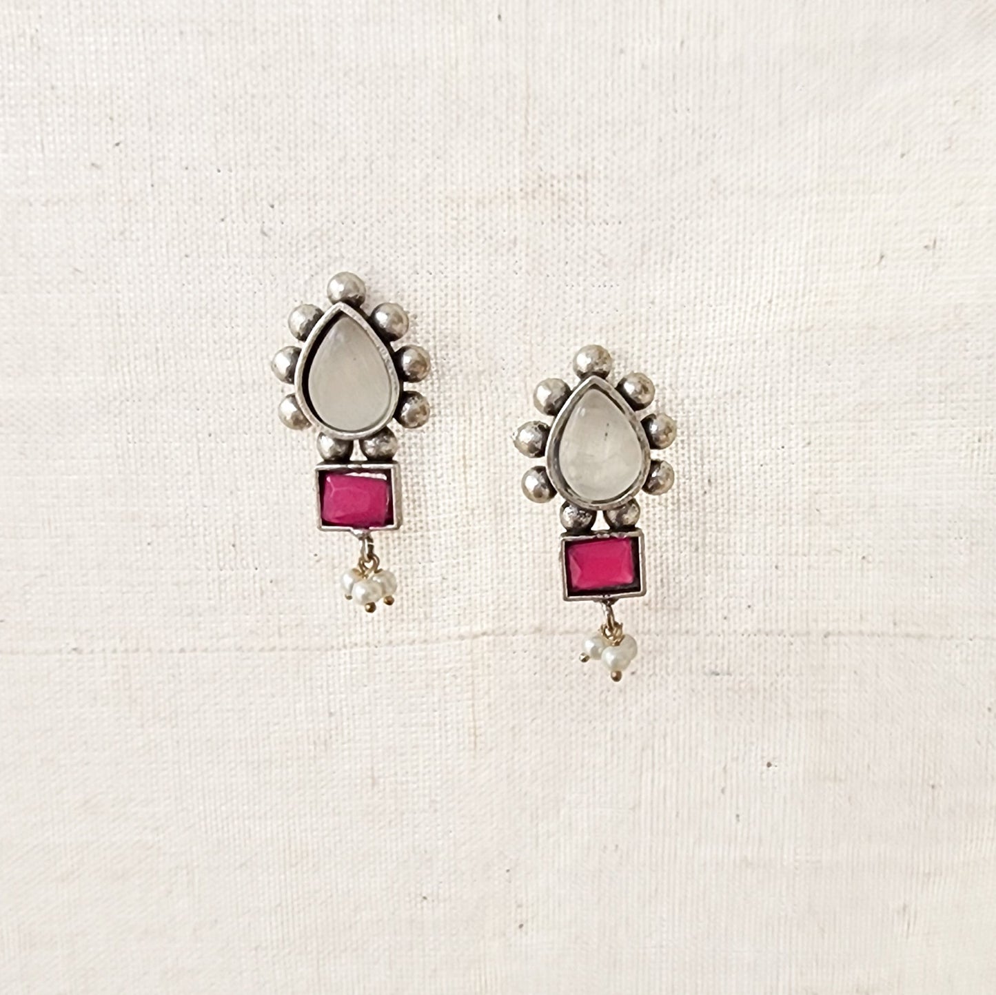 BALAMANI-Grey And Pink Stone German Oxidized Earring