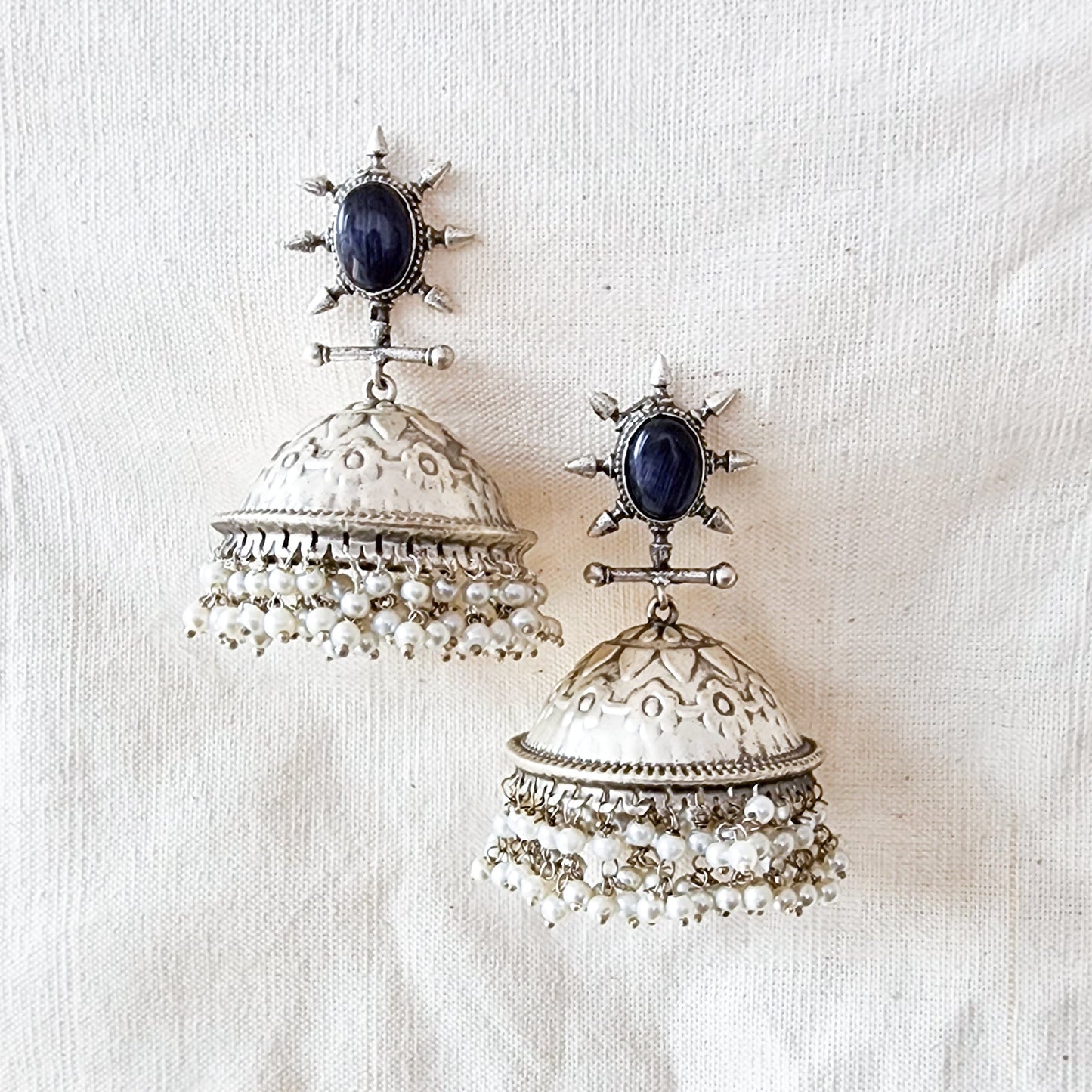 BALAMANI-Violet Stone Heavy Jhumka German Oxidized Earrings