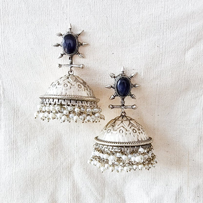 BALAMANI-Violet Stone Heavy Jhumka German Oxidized Earrings