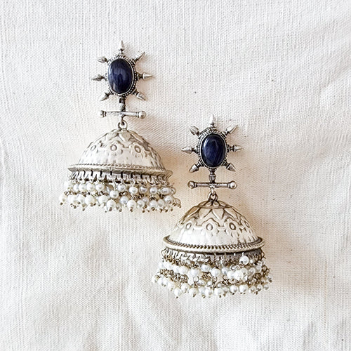 BALAMANI-Violet Stone Heavy Jhumka German Oxidized Earrings