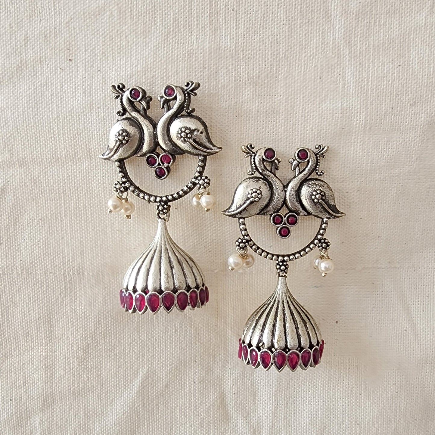 BALAMANI-Peacock With Pink Stone Jhumka German Oxidized Earrings